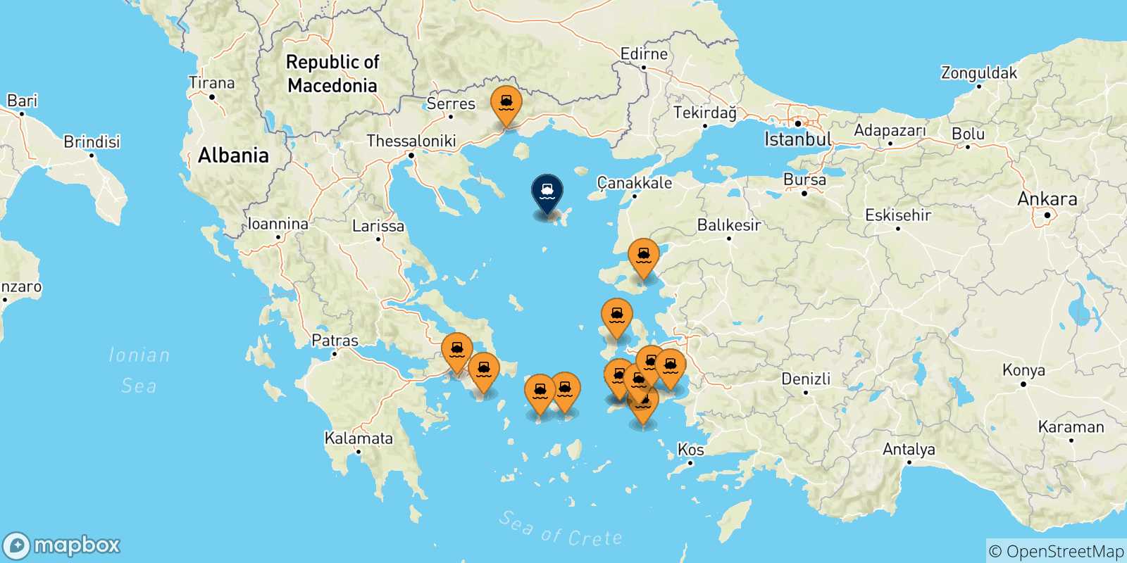 Mapa de las posibles rutas entre Grecia y  Mirina (Limnos)
