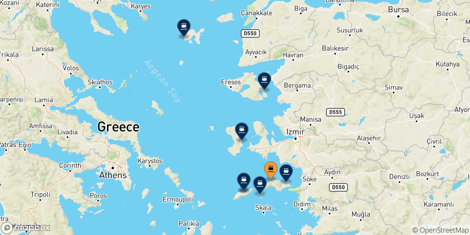 Mapa de las posibles rutas entre Karlovassi (Samos) y  Islas Del Egeo