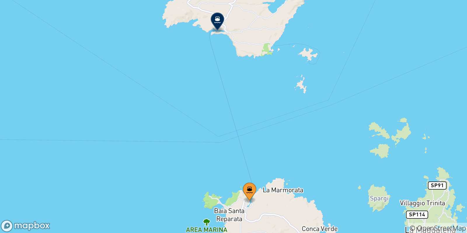 Mapa de las posibles rutas entre Santa Teresa Di Gallura y  Córcega