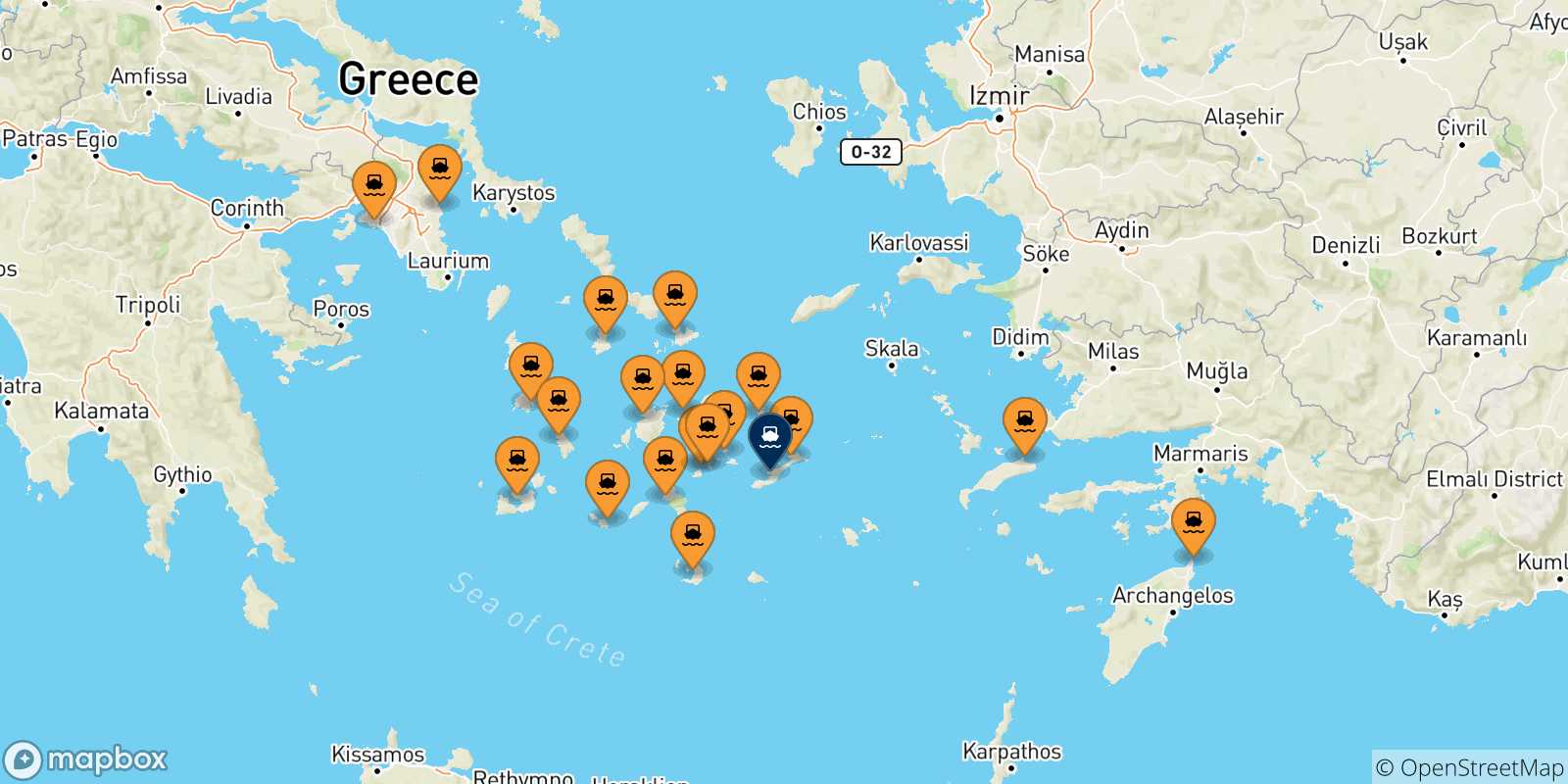Mapa de las posibles rutas entre Grecia y  Katapola (Amorgos)