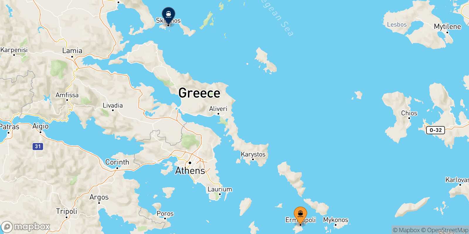 Mapa de los destinos alcanzables de Syros