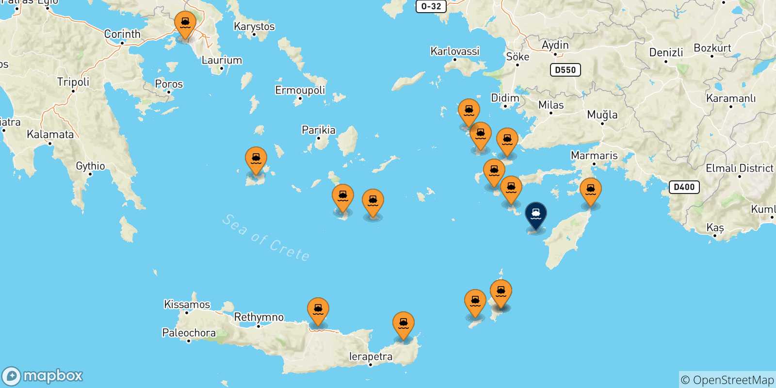 Mapa de las posibles rutas entre Grecia y  Chalki