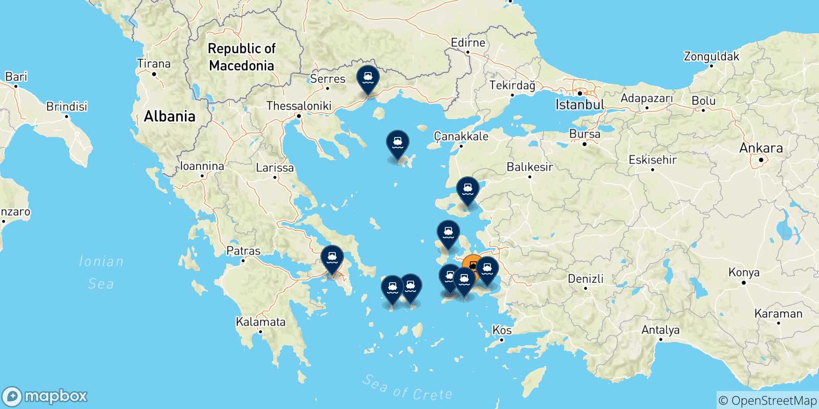 Mapa de las posibles rutas entre Karlovassi (Samos) y  Grecia
