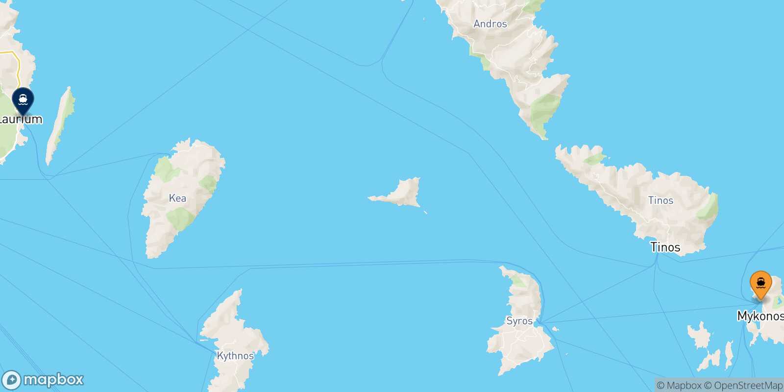 Mapa de la ruta Mykonos Lavrio