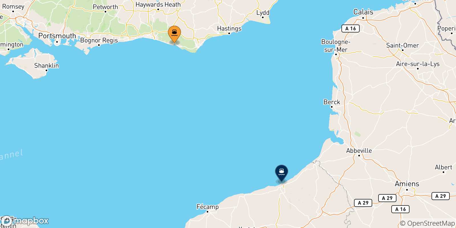 Mapa de las posibles rutas entre Reino Unido y  Dieppe