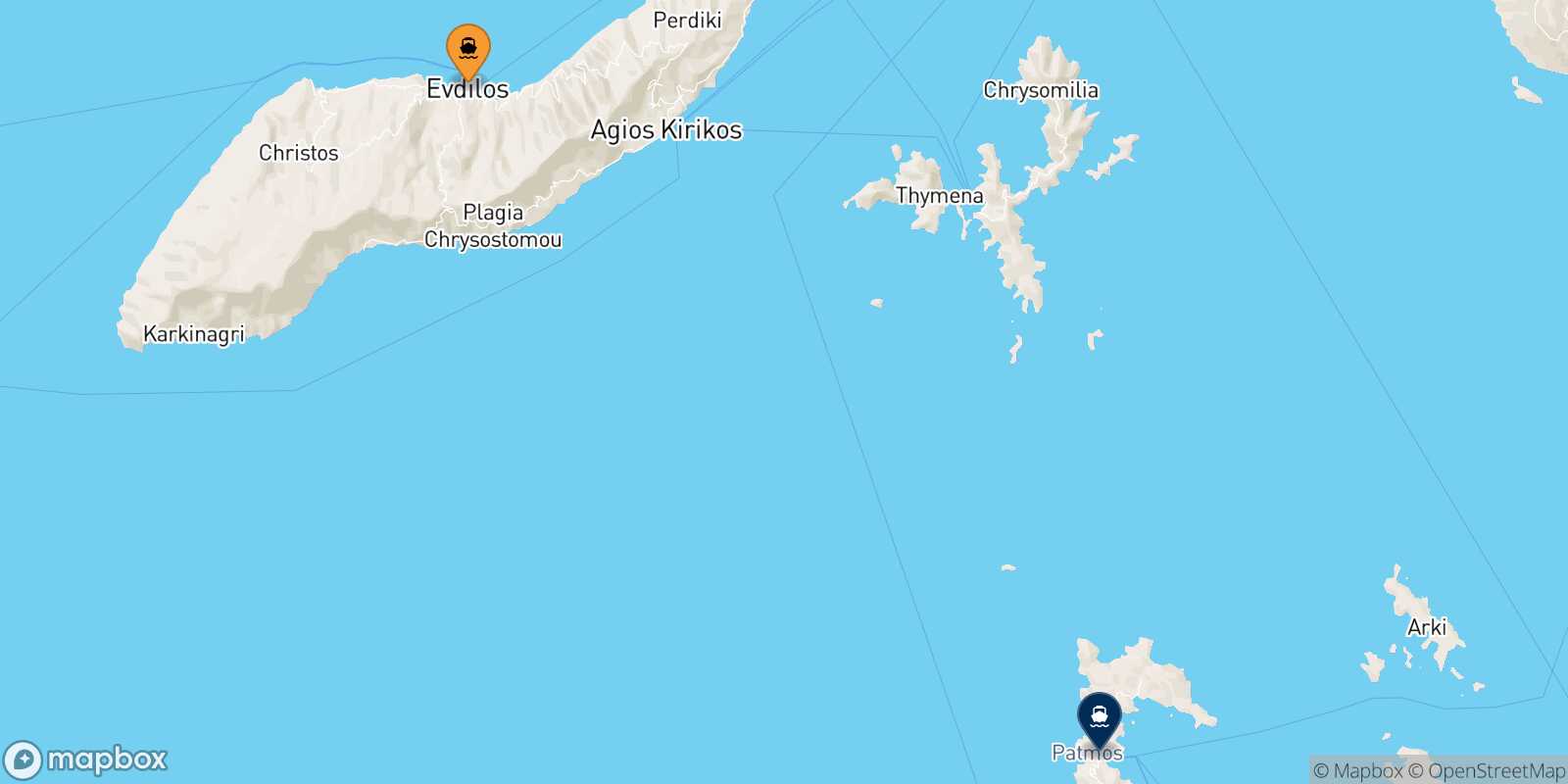 Mapa de la ruta Evdilos (Ikaria) Patmos