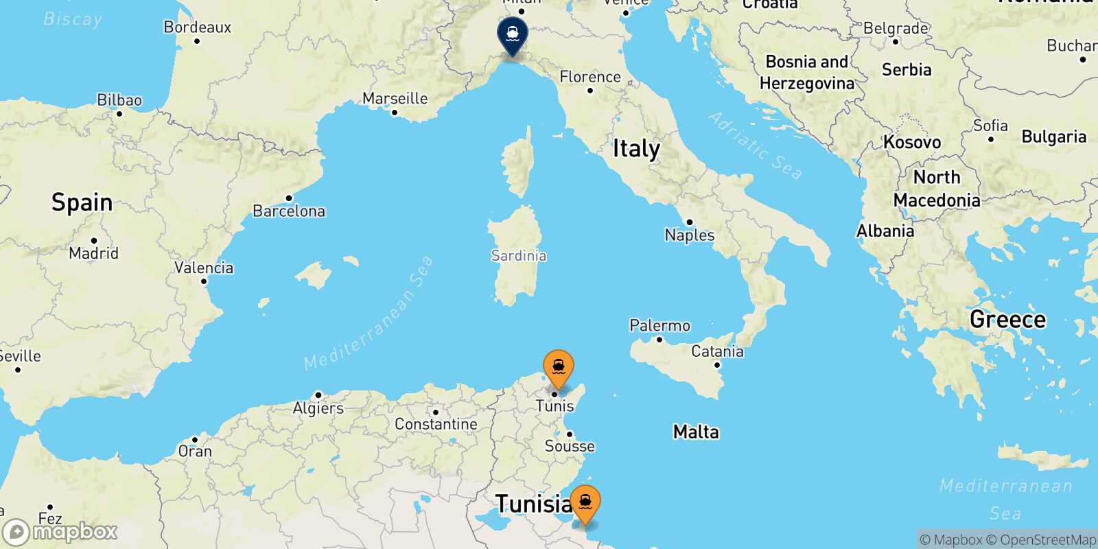 Mapa de los puertos conectados con  Genova
