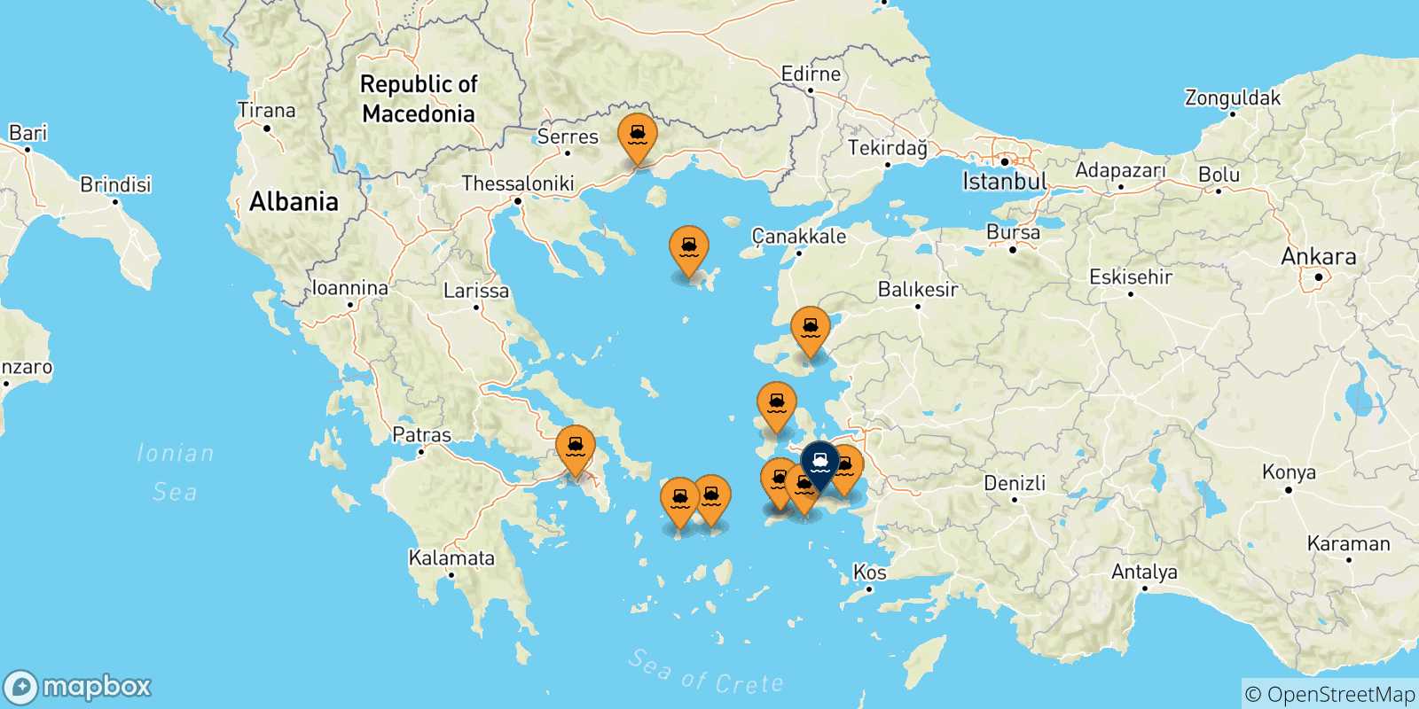 Mapa de las posibles rutas entre Grecia y  Karlovassi (Samos)