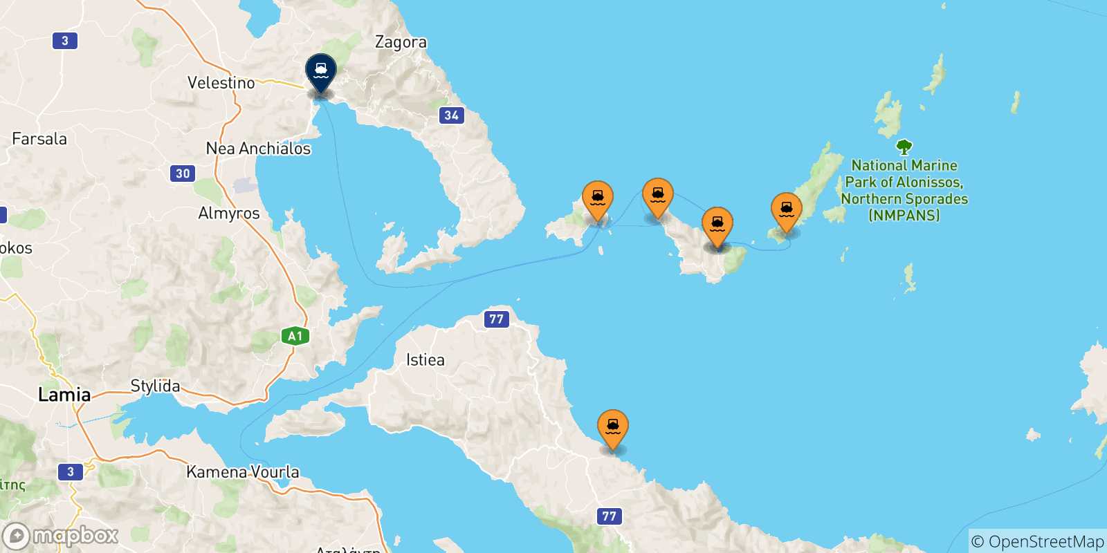 Mapa de las posibles rutas entre Grecia y  Volos
