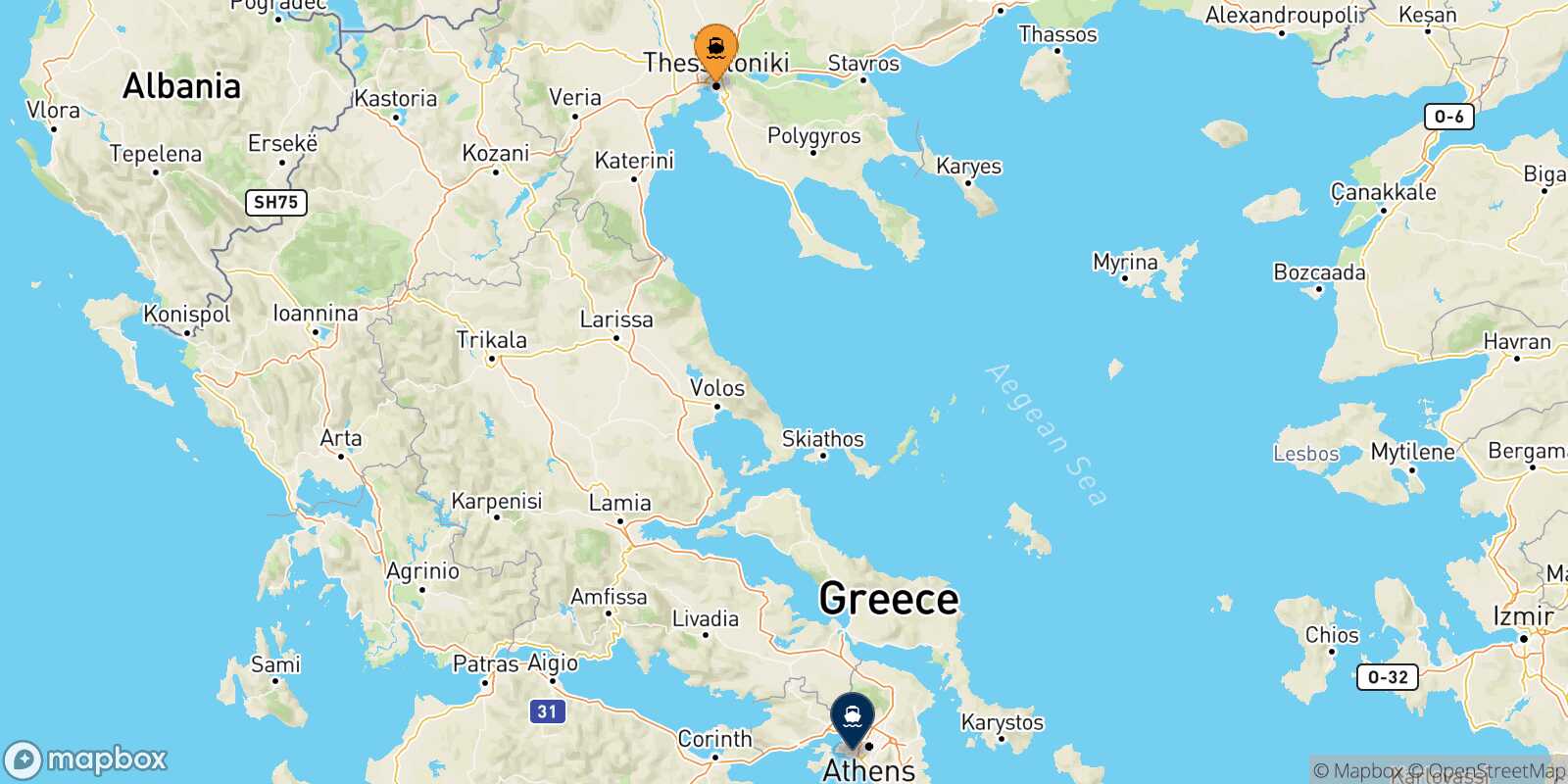Mapa de la ruta Salónica El Pireo
