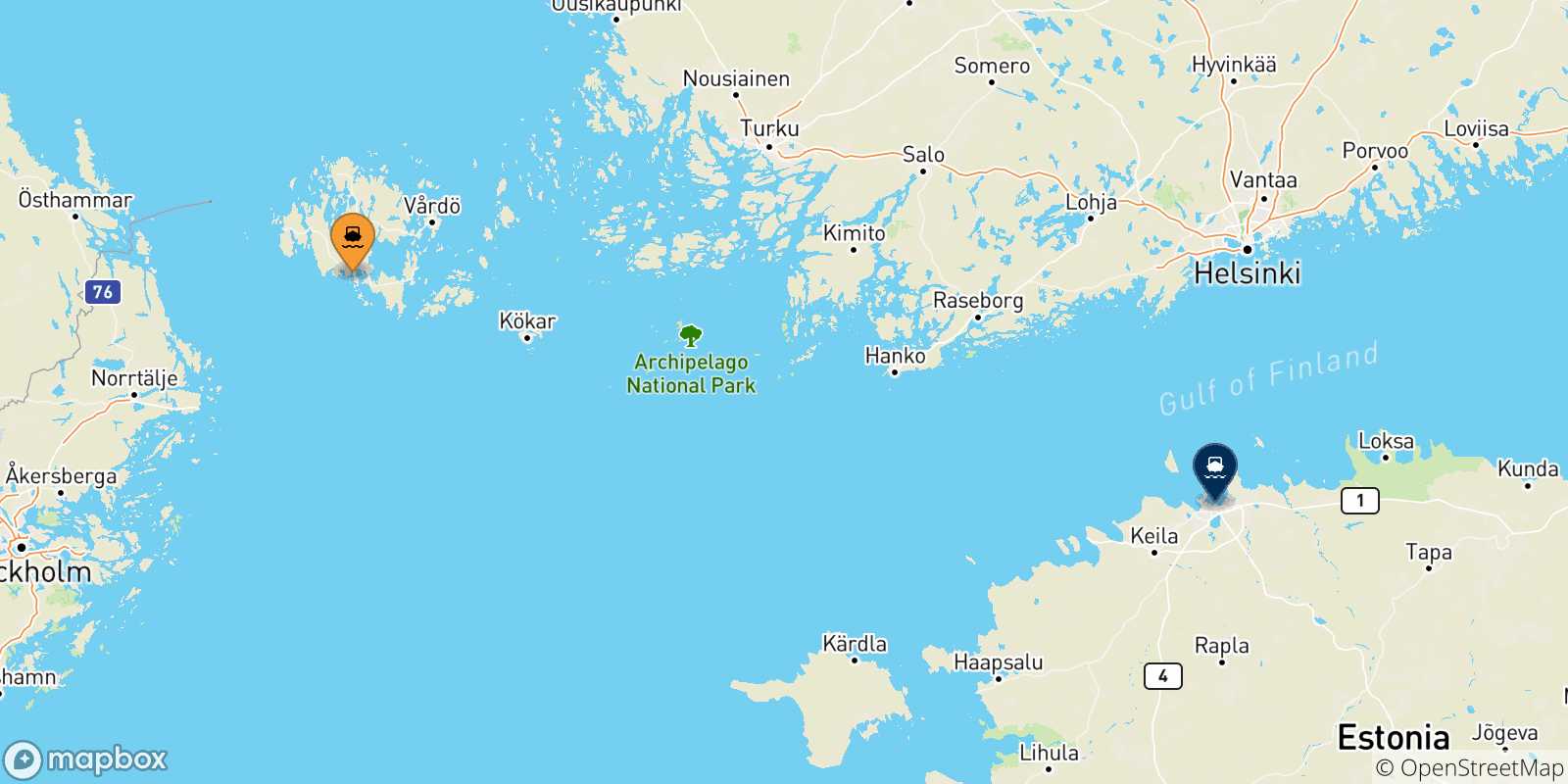 Mapa de las posibles rutas entre Mariehamn y  Estonia