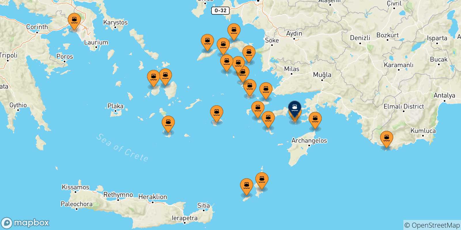 Mapa de las posibles rutas entre Grecia y  Symi