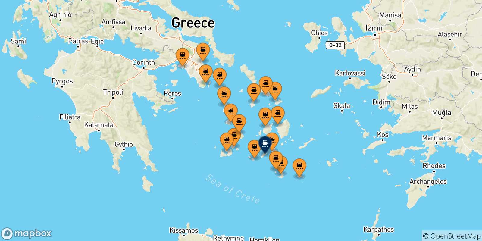 Mapa de las posibles rutas entre Grecia y  Sikinos