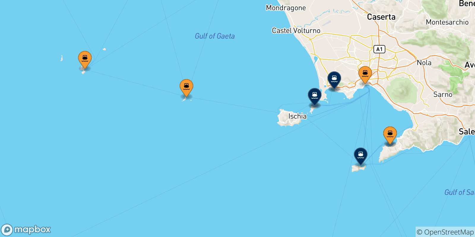 Mapa de los puertos conectados con  Golfo De Nápoles