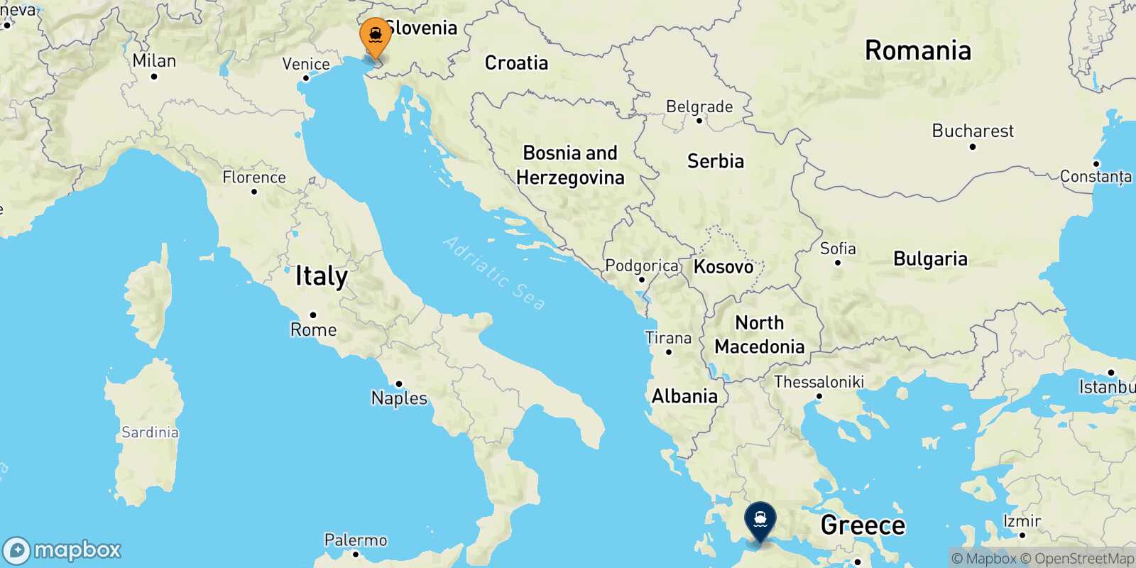 Mapa de la ruta Trieste Patras