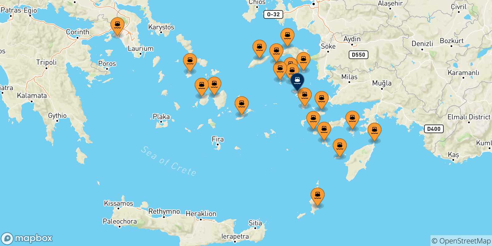Mapa de las posibles rutas entre Grecia y  Leros