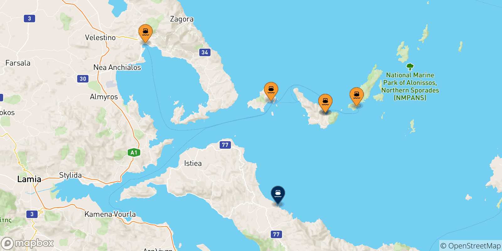 Mapa de las posibles rutas entre Grecia y  Mantoudi (Evia)