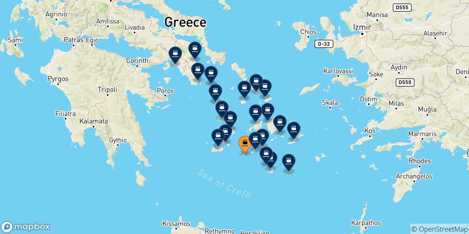 Mapa de las posibles rutas entre Folegandros y  Grecia