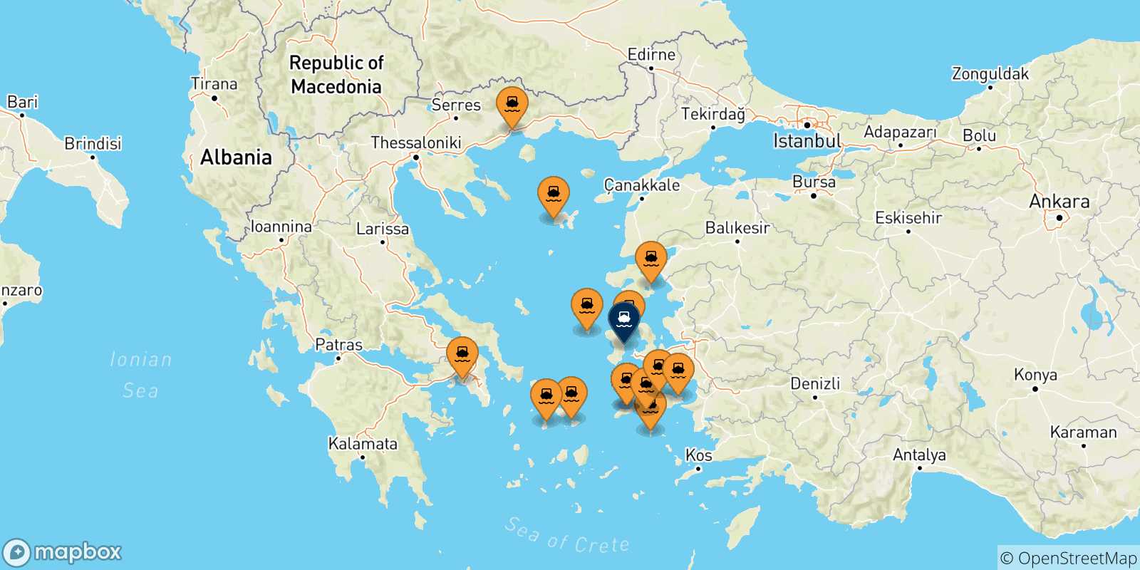 Mapa de las posibles rutas entre Grecia y  Quios