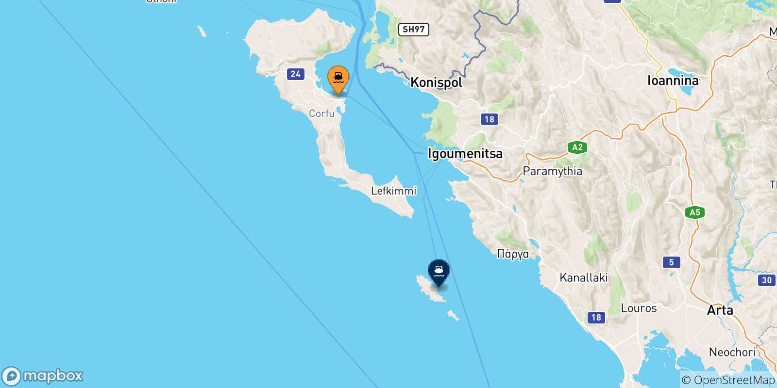 Mapa de las posibles rutas entre Grecia y  Paxos