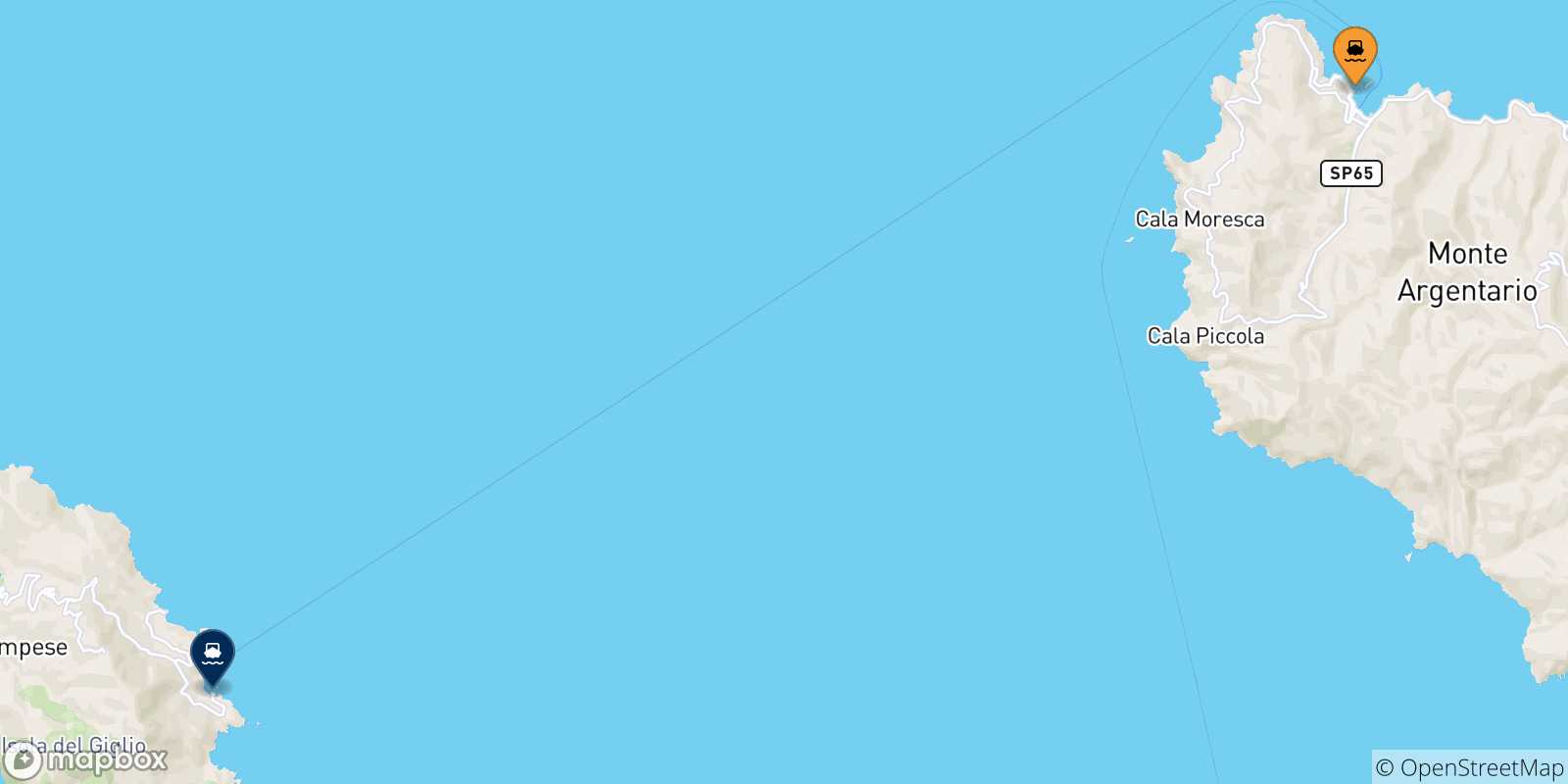 Mapa de las posibles rutas entre Porto Santo Stefano y  Italia