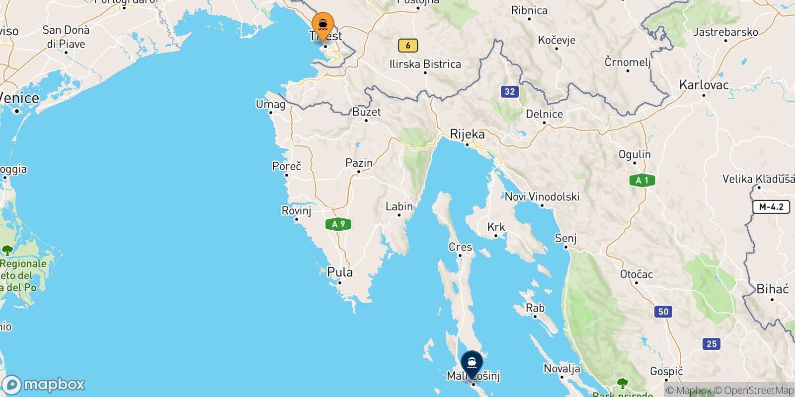 Mapa de la ruta Trieste Mali Losinj