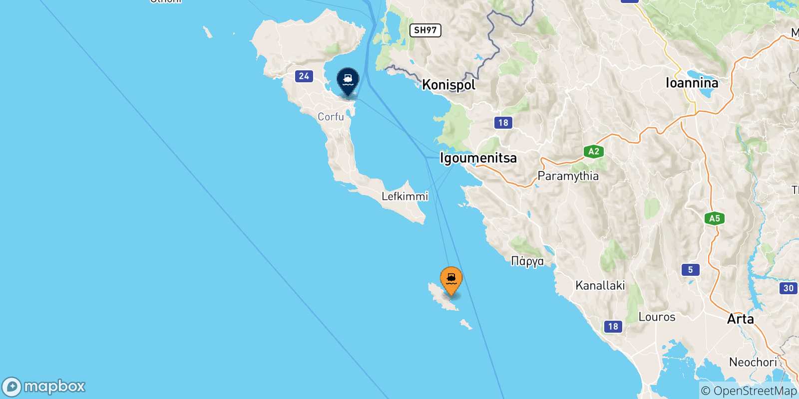 Mapa de las posibles rutas entre Paxos y  Grecia