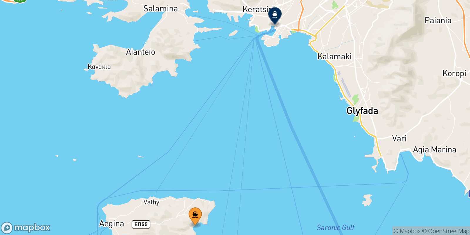 Mapa de la ruta Agia Marina (Aegina) El Pireo