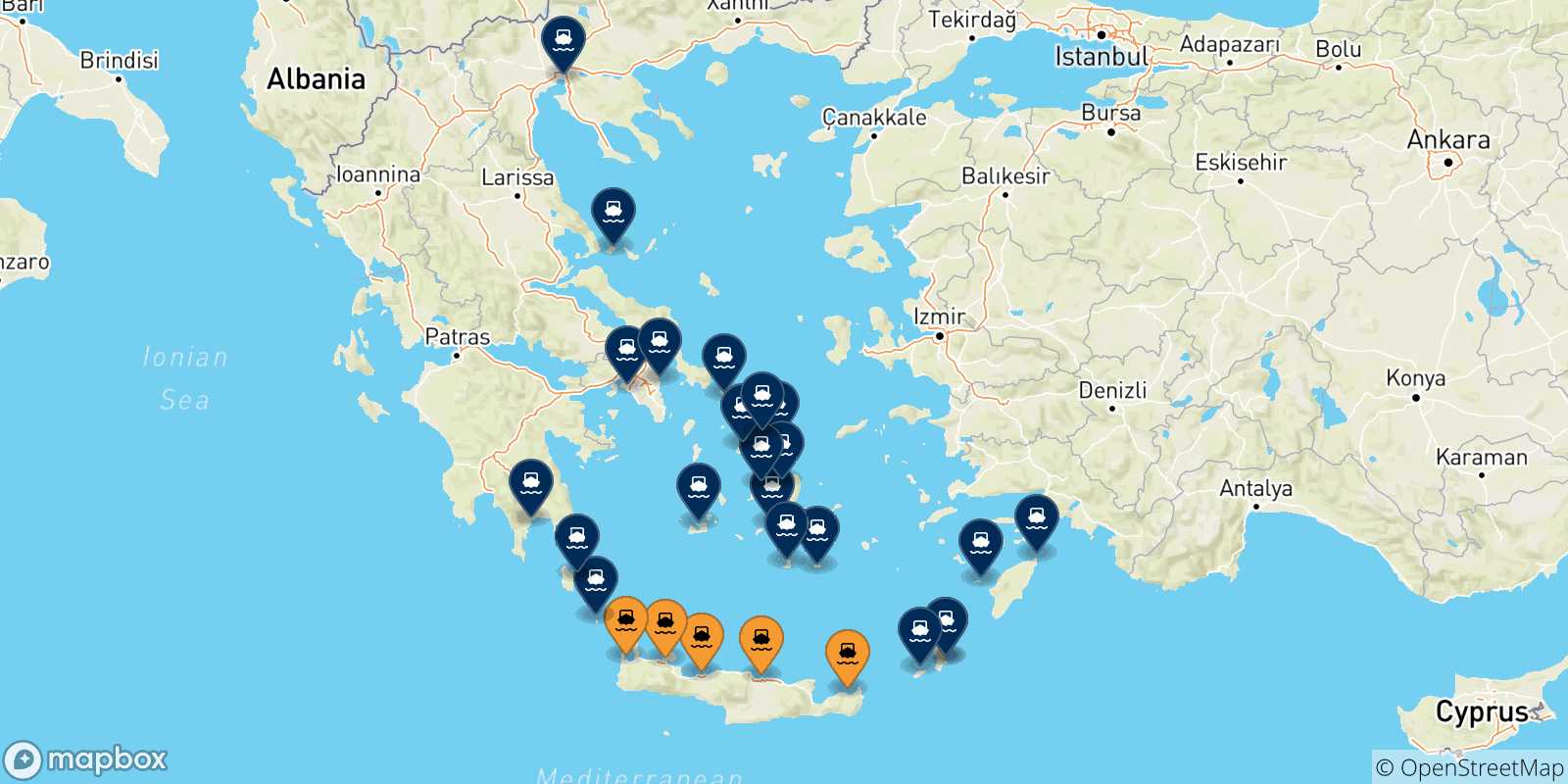 Mapa de las posibles rutas entre Creta y  Grecia