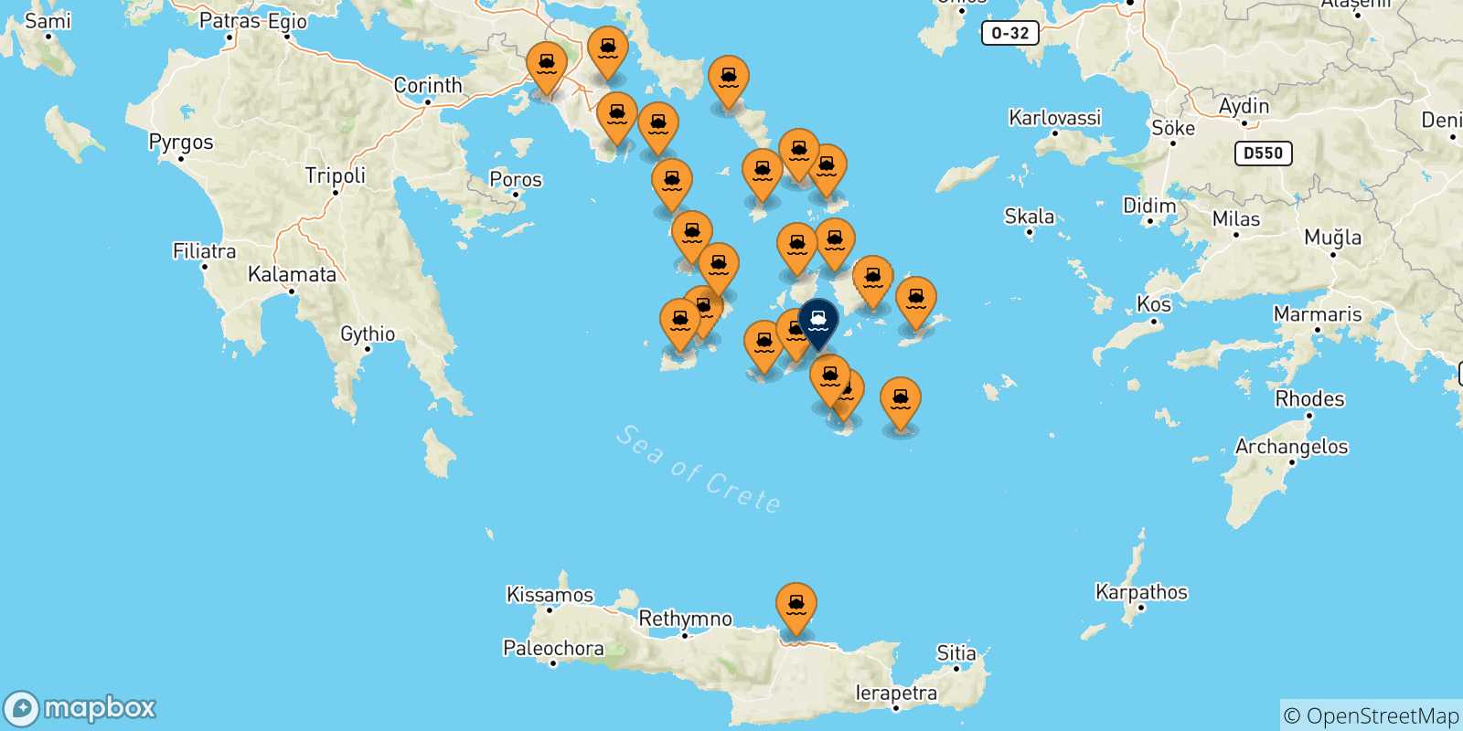 Mapa de las posibles rutas entre Grecia y  Ios