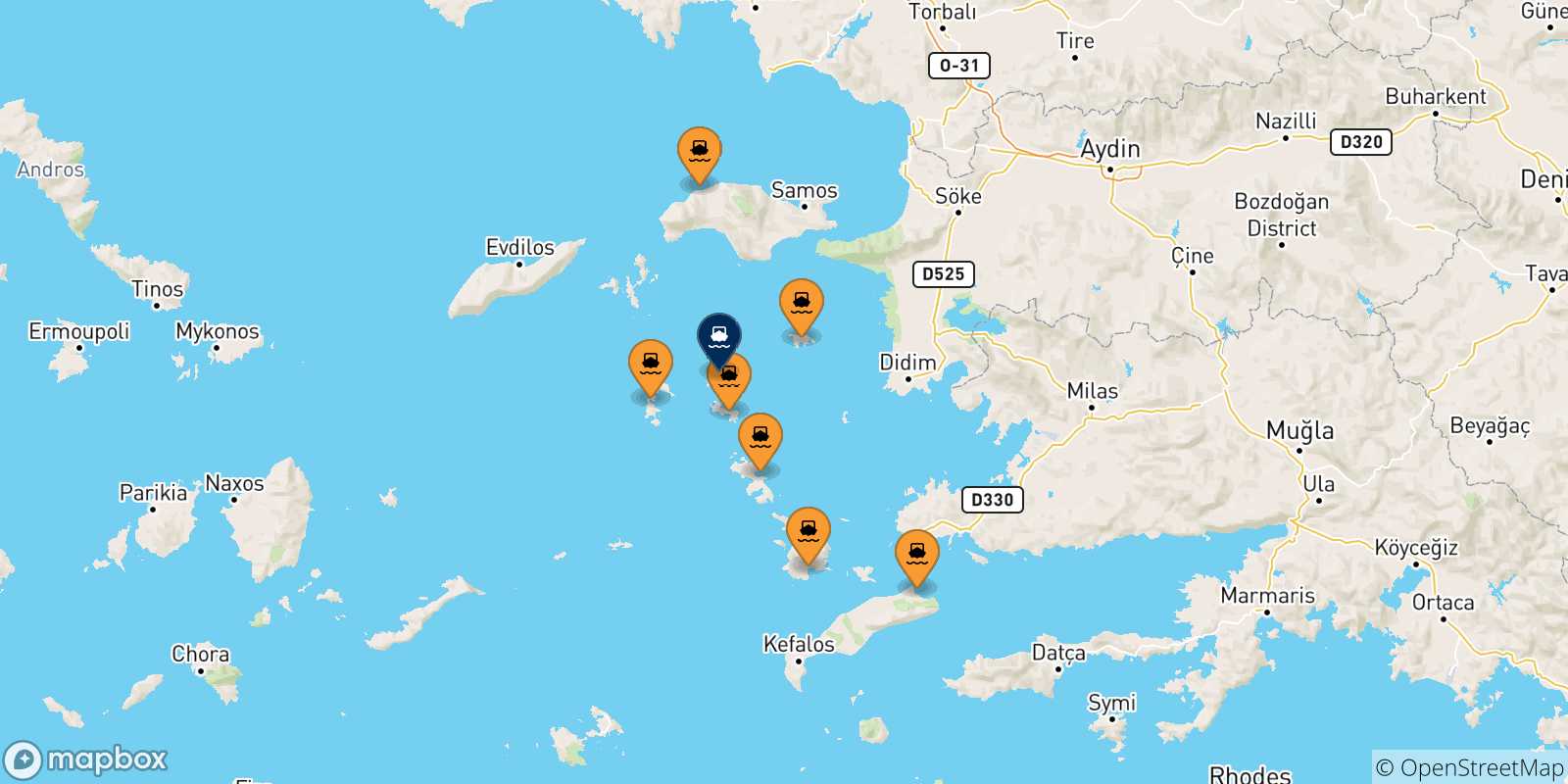 Mapa de las posibles rutas entre Grecia y  Arkyi