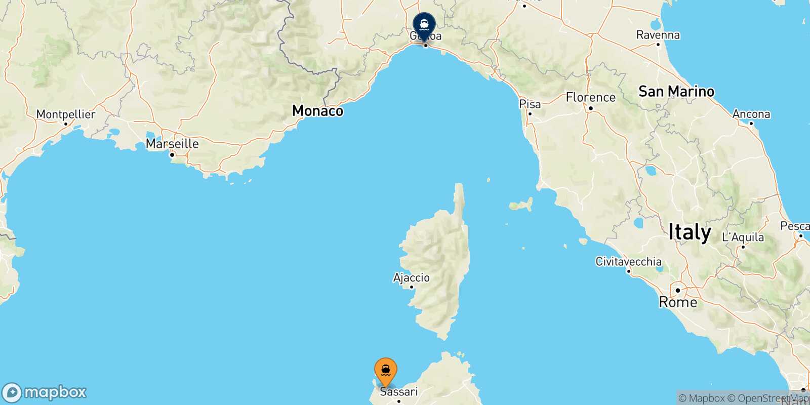 Mapa de la ruta Porto Torres Genova