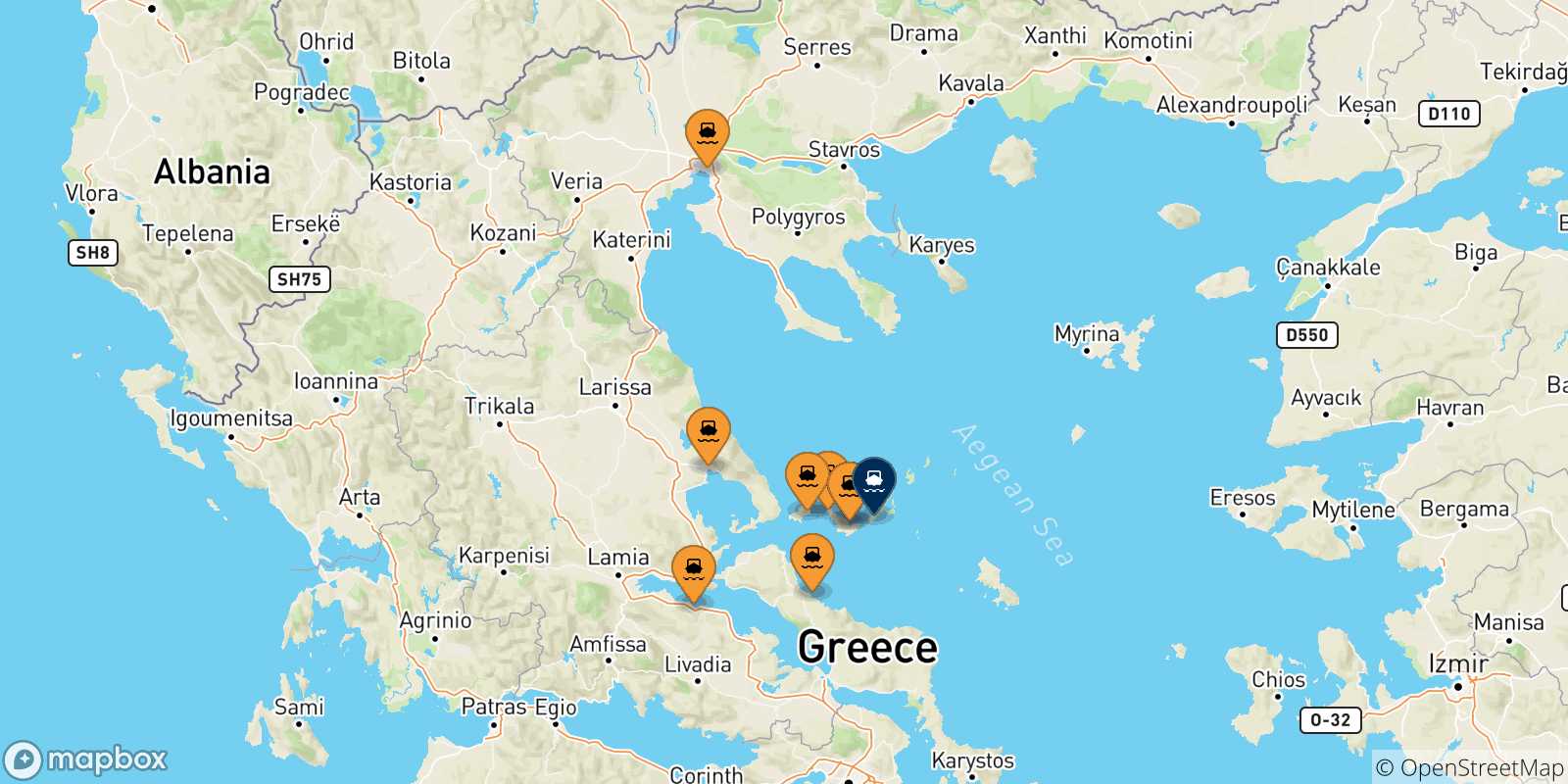 Mapa de las posibles rutas entre Grecia y  Alonissos