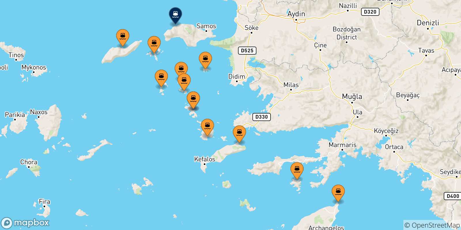 Mapa de las posibles rutas entre Grecia y  Pythagorio (Samos)