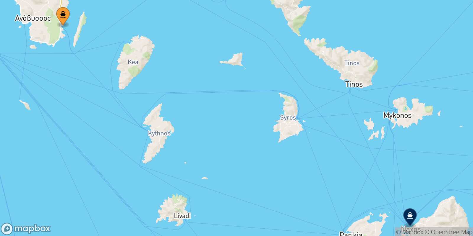 Mapa de la ruta Lavrio Naxos