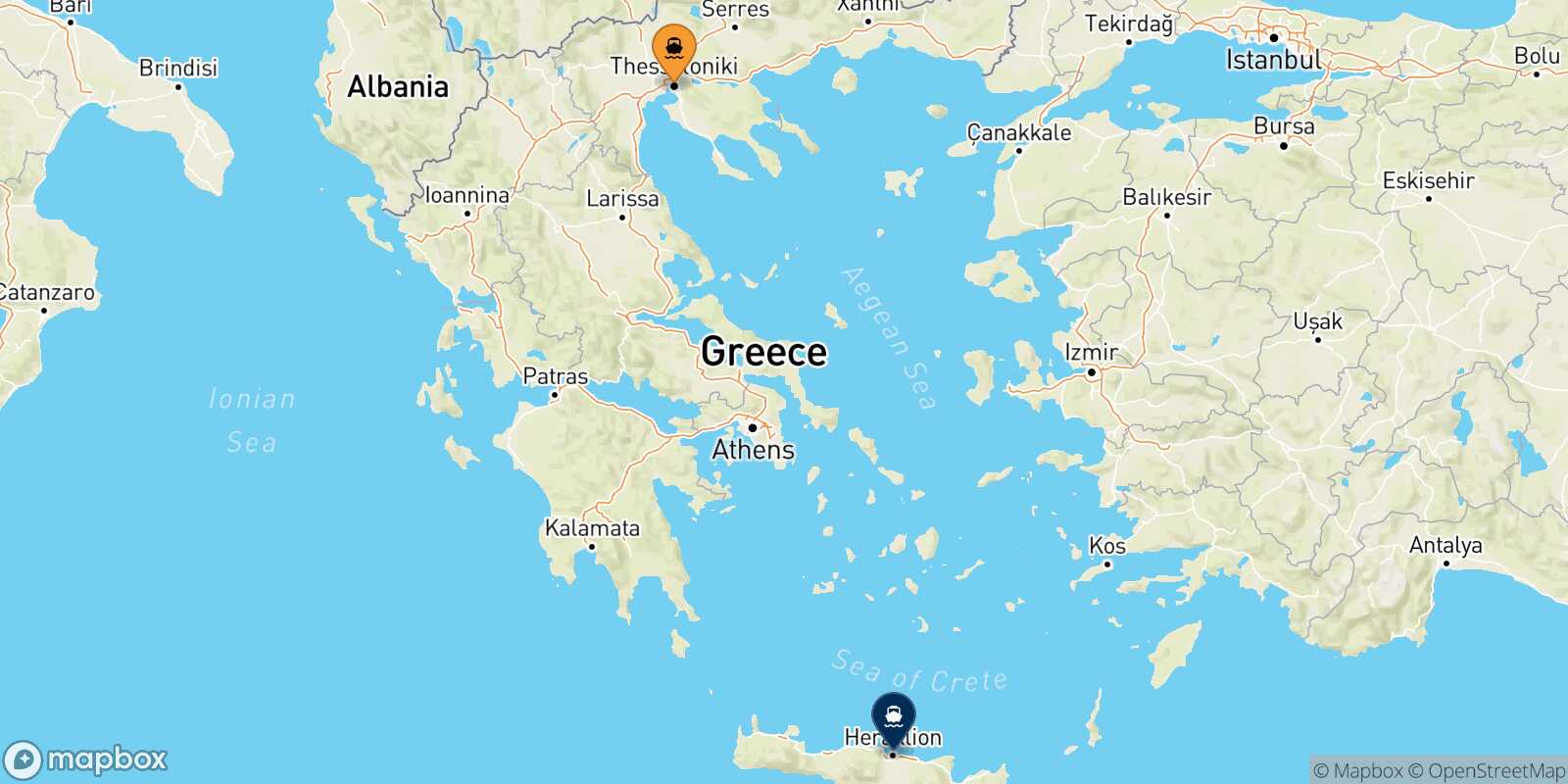 Mapa de la ruta Salónica Heraklion