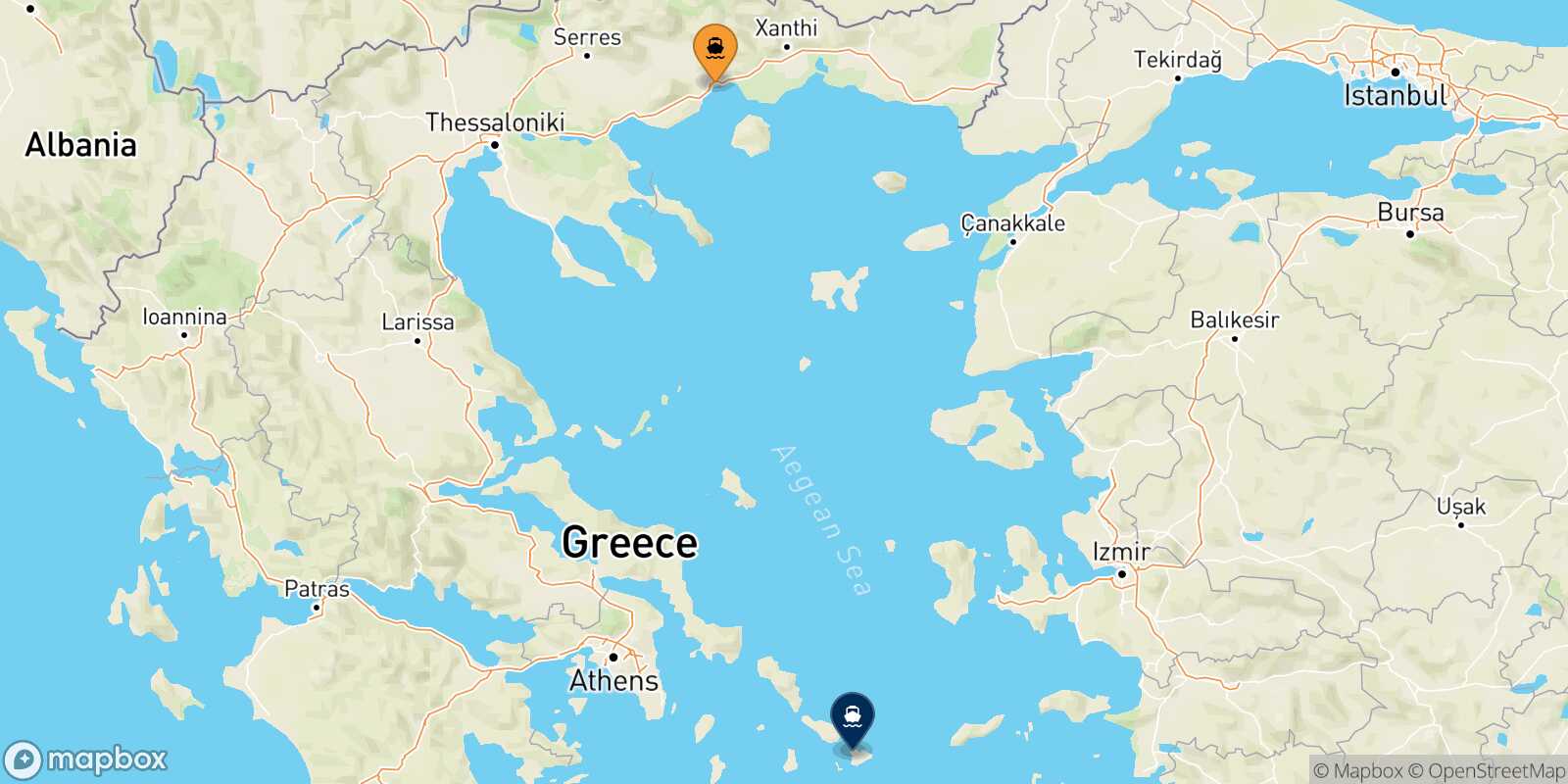 Mapa de la ruta Kavala Mykonos