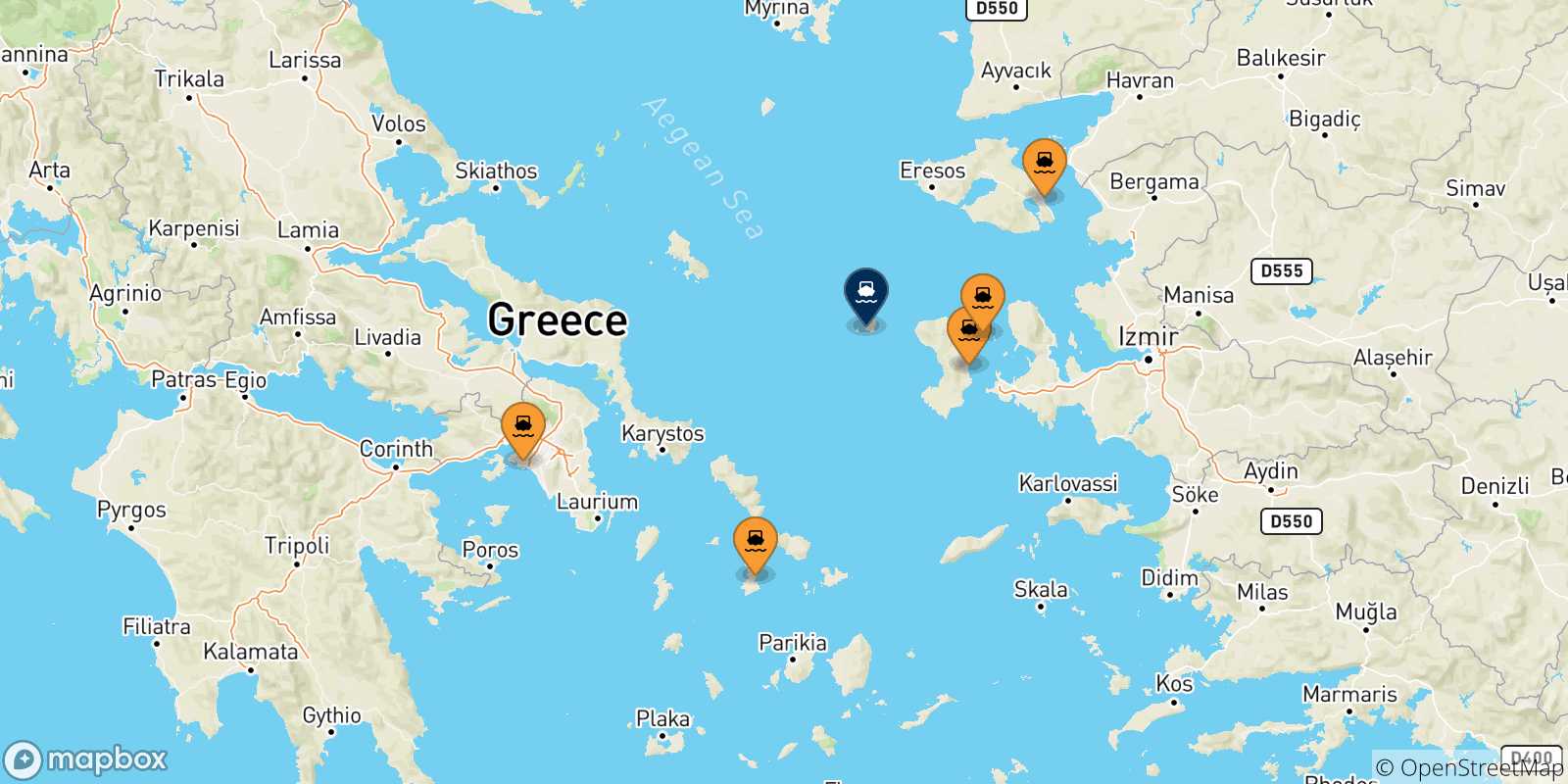 Mapa de las posibles rutas entre Grecia y  Psara