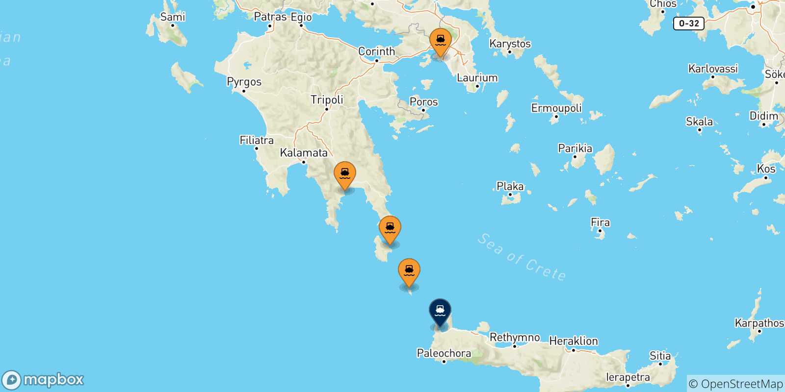 Mapa de las posibles rutas entre Grecia y  Kissamos