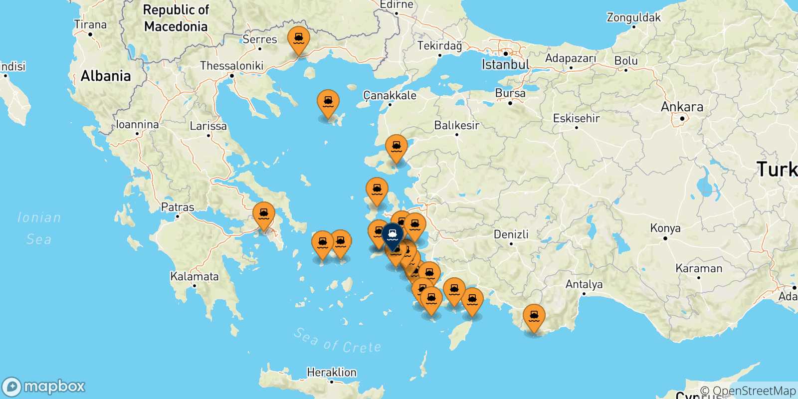 Mapa de las posibles rutas entre Grecia y  Fourni