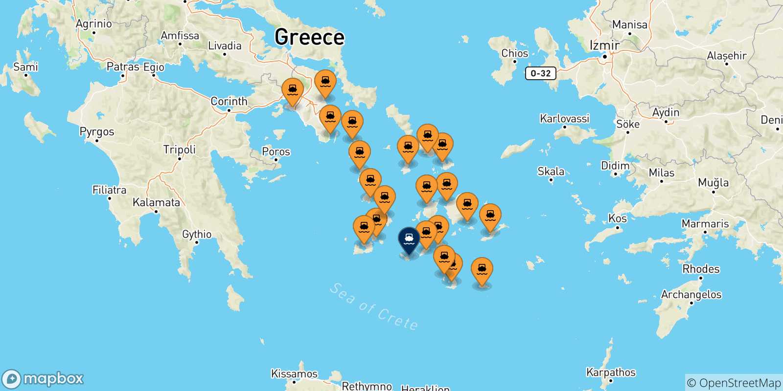 Mapa de las posibles rutas entre Grecia y  Folegandros