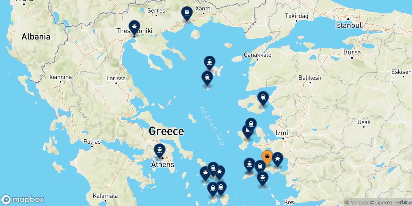 Mapa de los destinos alcanzables de Karlovassi (Samos)