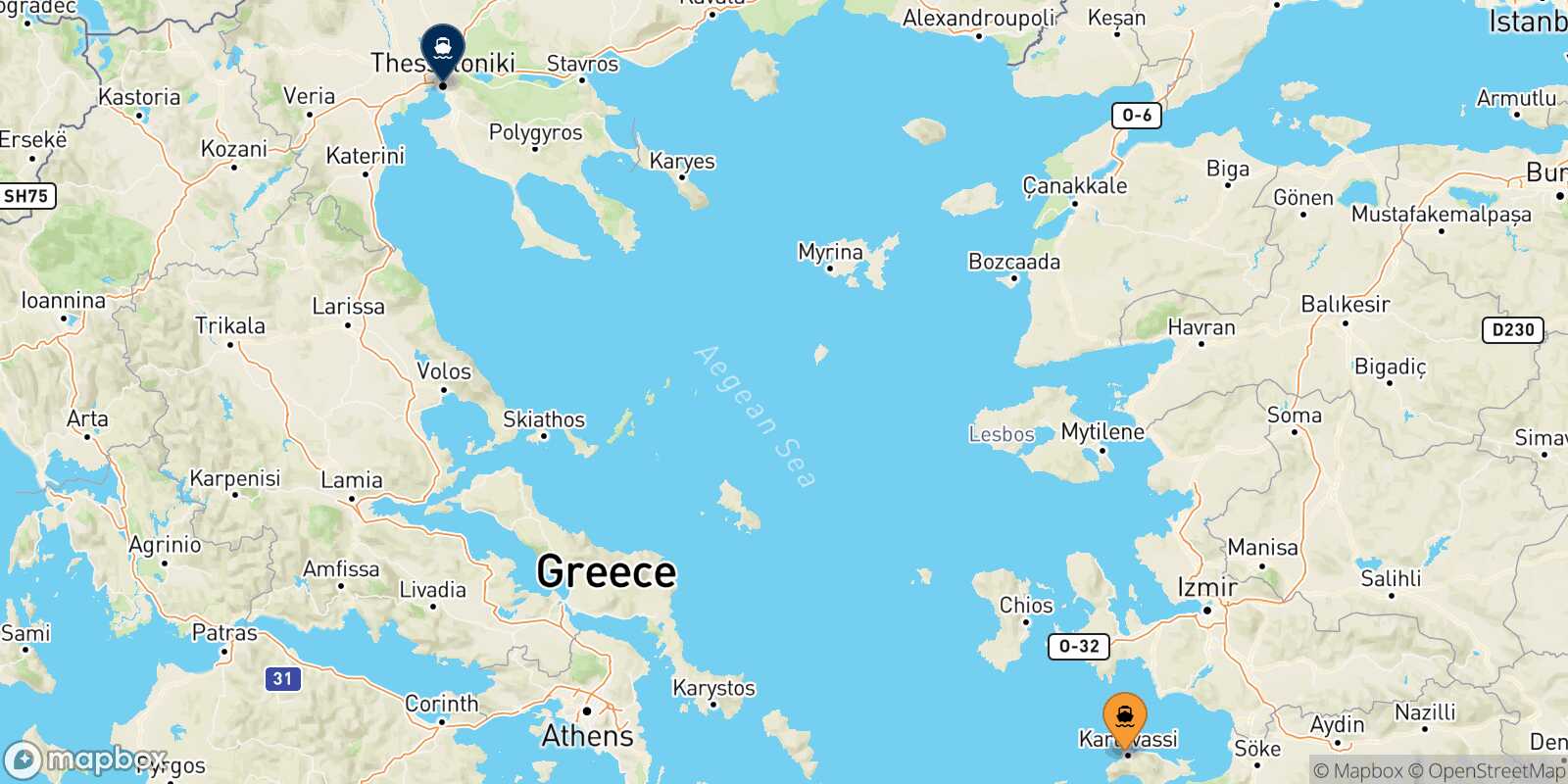 Mapa de la ruta Karlovassi (Samos) Salónica
