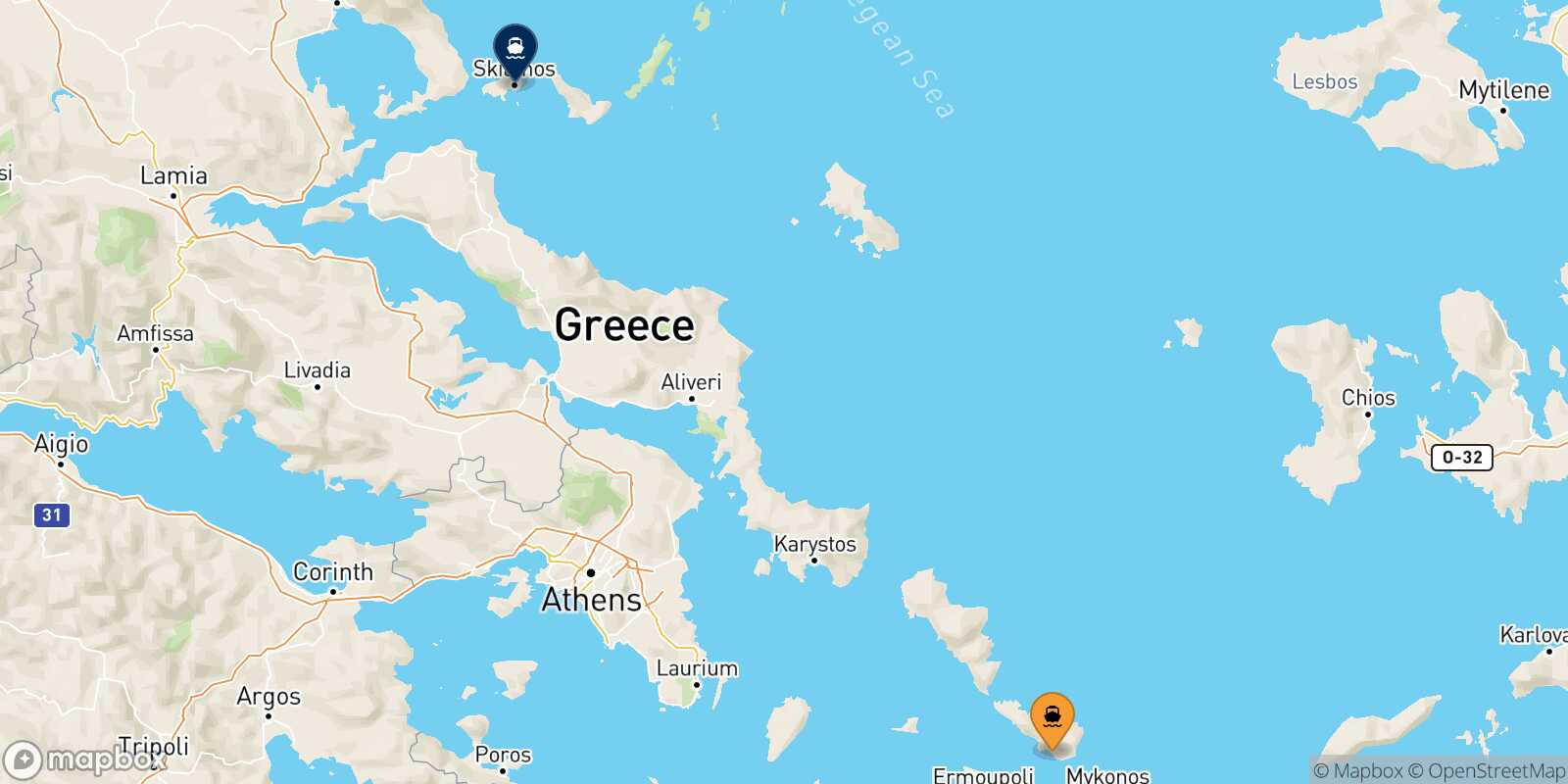 Mapa de la ruta Tinos Skiathos
