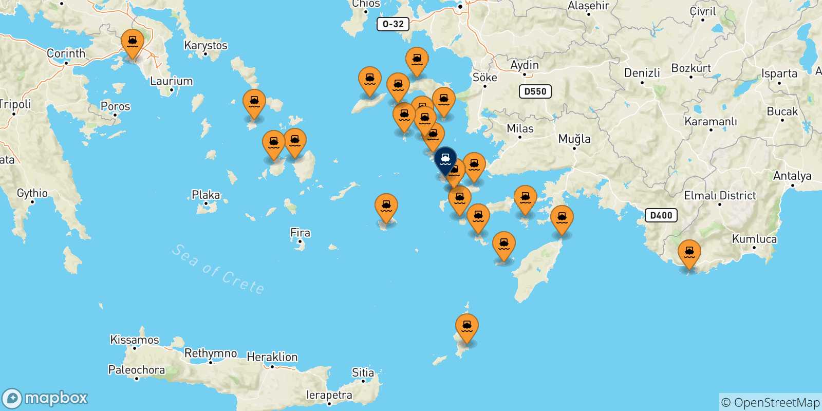 Mapa de las posibles rutas entre Grecia y  Kalymnos