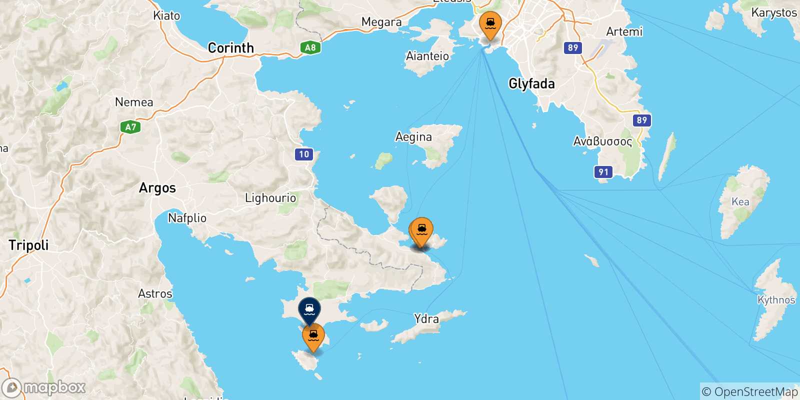 Mapa de las posibles rutas entre Grecia y  Porto Heli