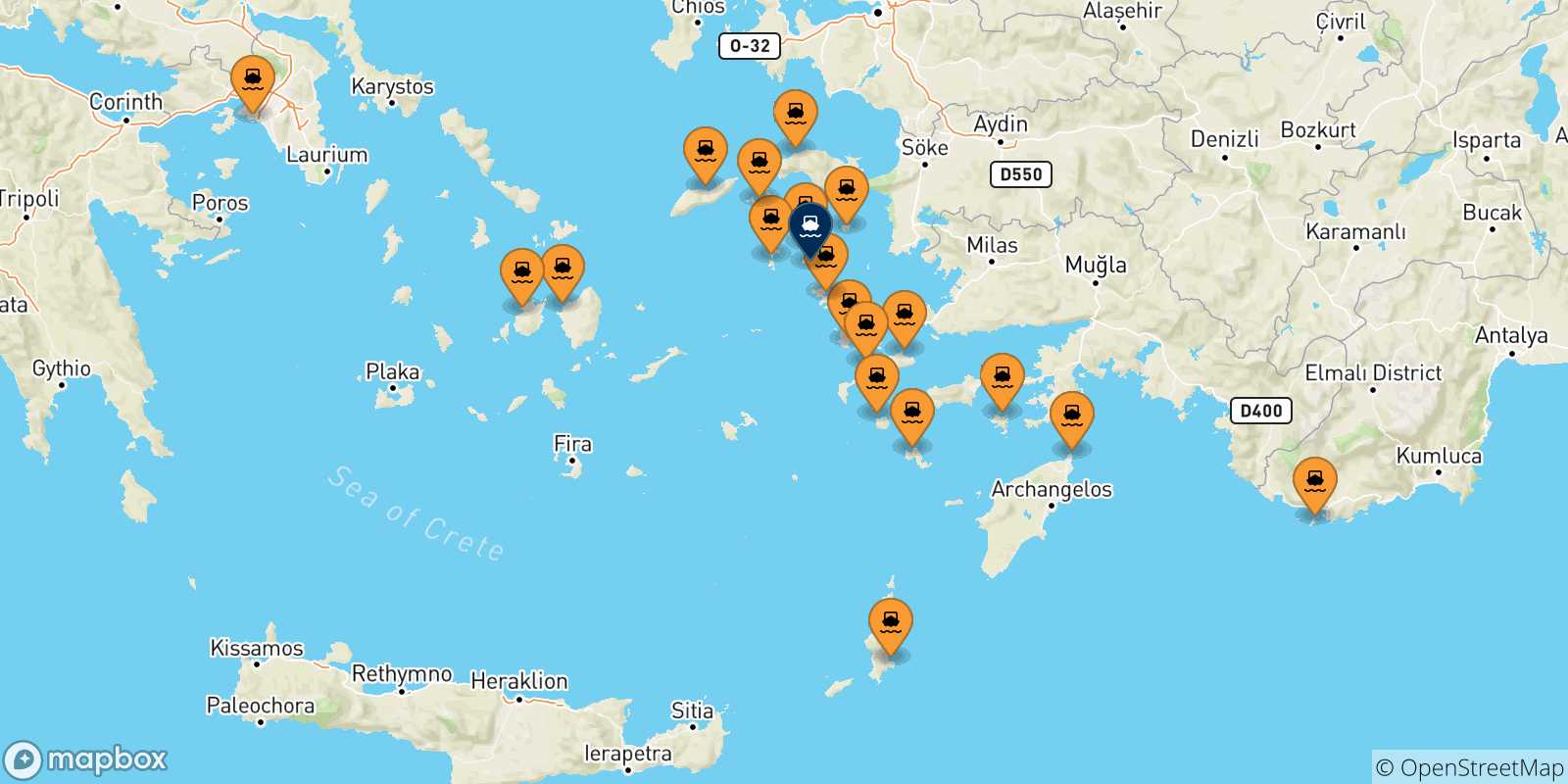 Mapa de las posibles rutas entre Grecia y  Lipsi