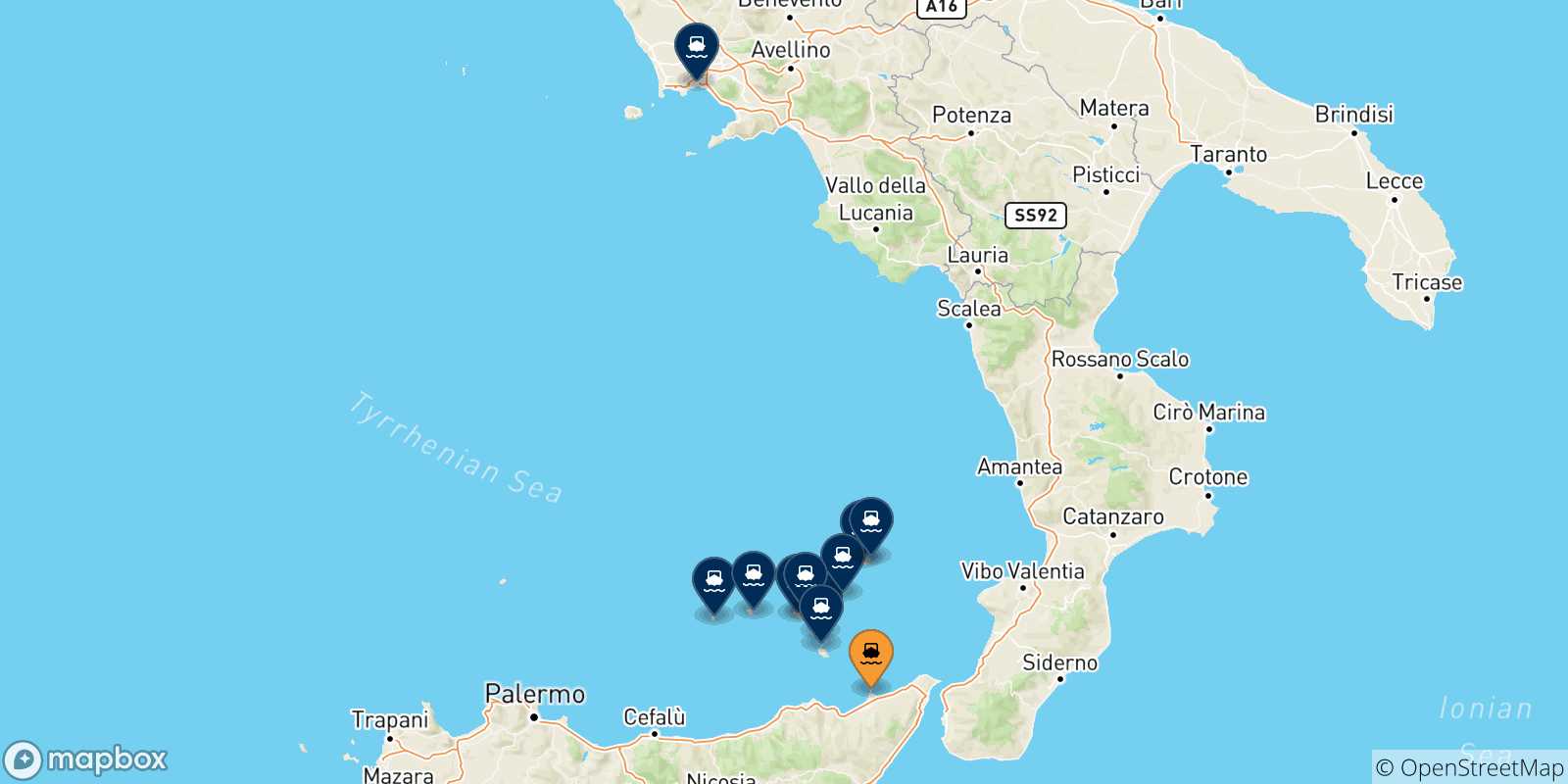 Mapa de las posibles rutas entre Milazzo y  Italia