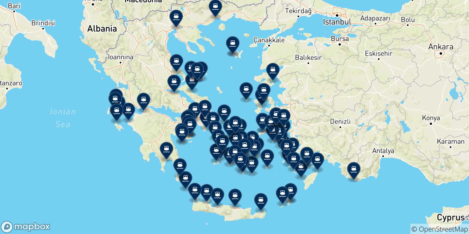 Mapa de las posibles rutas entre Grecia y  Grecia