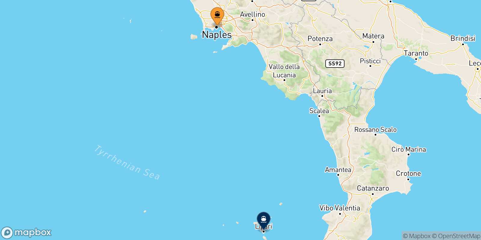 Mapa de la ruta Nápoles Lipari